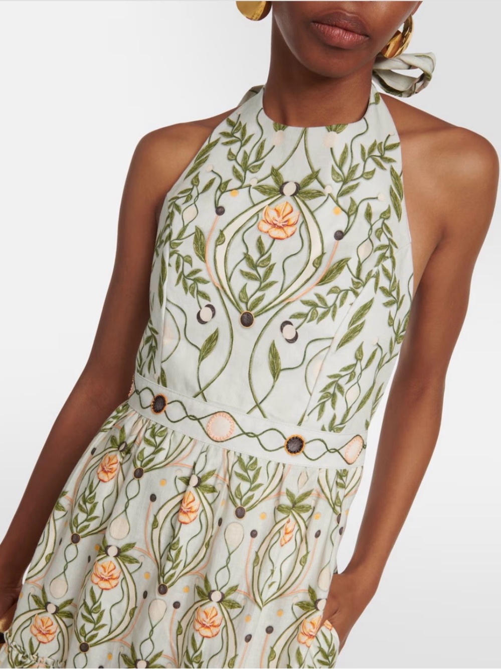 Agua Bendita Embroidered Halter Midi Dress in Cream, Green and Peach - Picture 4 of 13